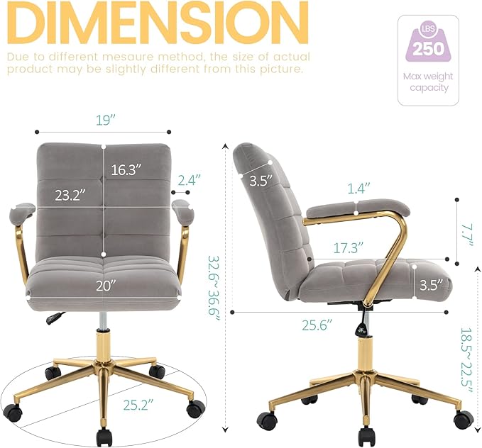 Velvet Home Office Desk Chair, Upholstered Adjustable Swivel Task Chair with Wheels, Tufted Mid-Back Computer Chair with Arms, for Study Living Room Vanity (Grey, Gold Base)