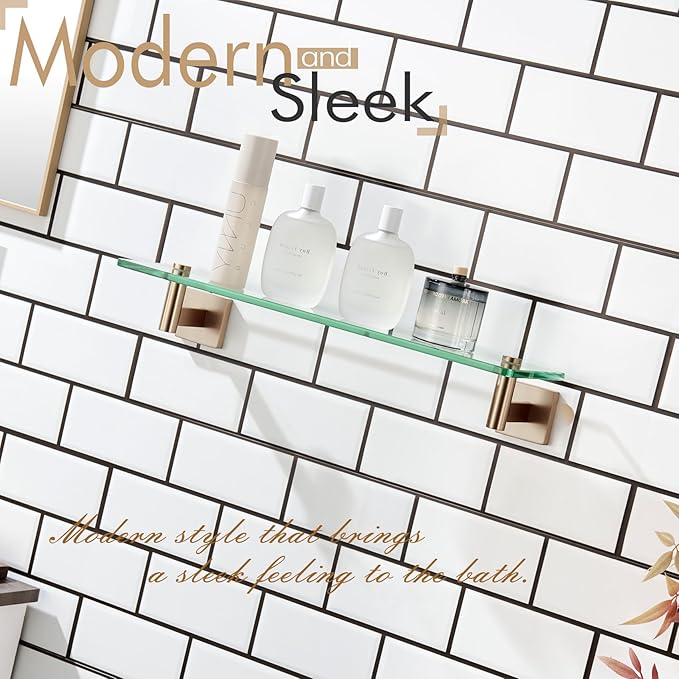 KOKOSIRI Wall Shelves Bathroom Hardware Glass Floating Shelf 20-Inch for Bedroom, Living Room, Kitchen, Hanging Rack Champagne Bronze B1105CPG-L20