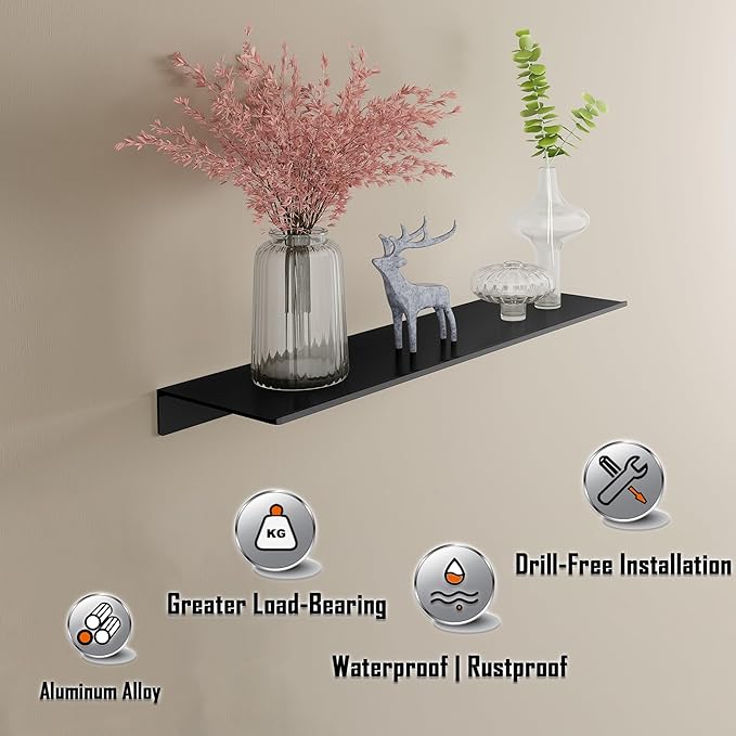 Black Wall Shelves for Bathroom, Living Room, Bedroom, Metal Floating Shelves Wall Shelf for Decorative, Shower Caddy(15.7", 2 Pieces)
