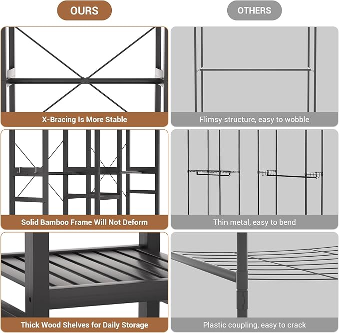 Homykic Bamboo Closet System Clothes Rack, Large Freestanding Garment Rack Clothing Rack for Hanging Clothes with 7 Storage Shelves and 5 Rods, Open Wardrobe Organizer with 4 Hooks, Black