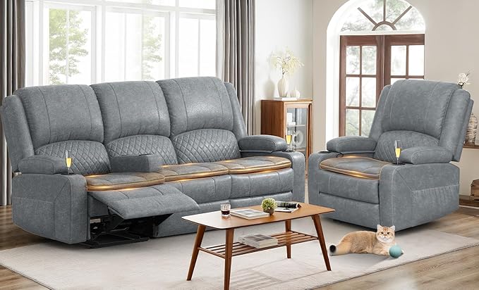 3 Seater Recliner Sofa Set with 2-Tier Cushion, 3+1 Pieces in Living Room, 3 Seater Reclining Couch Leather with Removable Console, 1 Oversize Recliner Chair Sofa Seat