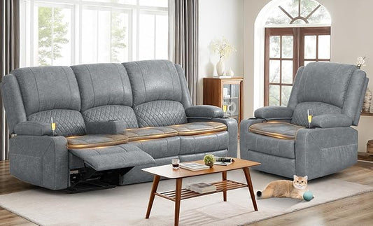 3 Seater Recliner Sofa Set with 2-Tier Cushion, 3+1 Pieces in Living Room, 3 Seater Reclining Couch Leather with Removable Console, 1 Oversize Recliner Chair Sofa Seat