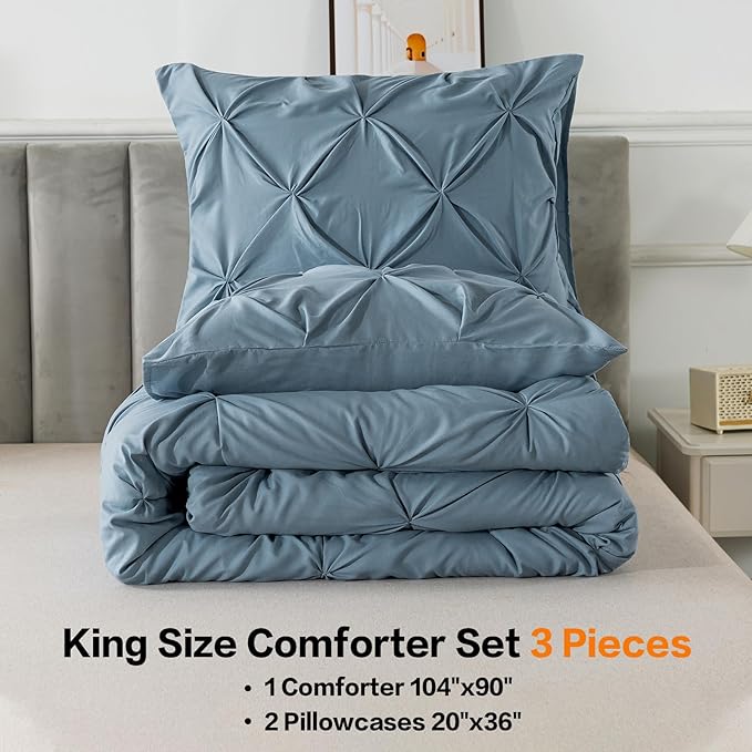 Andency Grayish Blue Comforter Set King, 3 Pieces Boho Pinch Pleat Bedding Comforter, All Season Soft Lightweight Modern Solid Bed Comforter Set