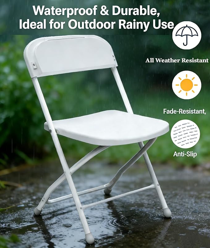 SHGJ&SOFT Set of 12 Folding Chairs, Plastic Seat and Backrest, White Metal Frame Chair, Suitable for Indoor and Outdoor,Capacity 350 lbs (White, 12-Pack)