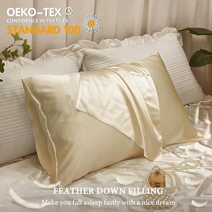 BHZ Beige Satin Goose Down Feather Pillows Standard Size with Pillowcase for Hair and Skin, Cooling Pillow Cases Similar to Silk Pillow Cases, Decorative for Women, Mom Men