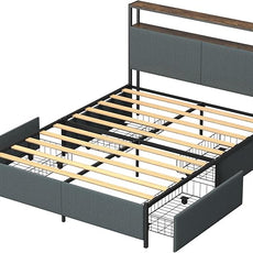 Panana 14 Inch Full Size Bed Frame,Industrial Metal Platform Bed Frame with 2 Tier Storage Wooden Headboard and Footboard,4 Storage Drawers,No Box Spring Needed,Black&Grey