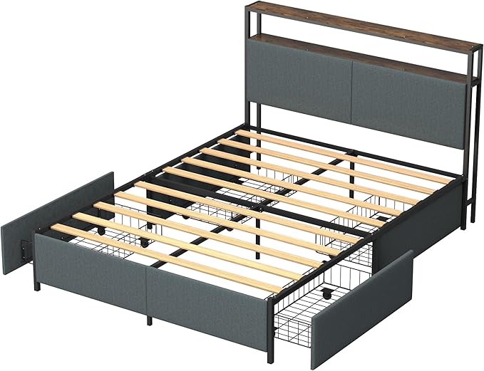 Panana 14 Inch Queen Size Bed Frame,Industrial Metal Platform Bed Frame with 2 Tier Storage Wooden Headboard and Footboard,4 Storage Drawers,No Box Spring Needed,Black&Grey