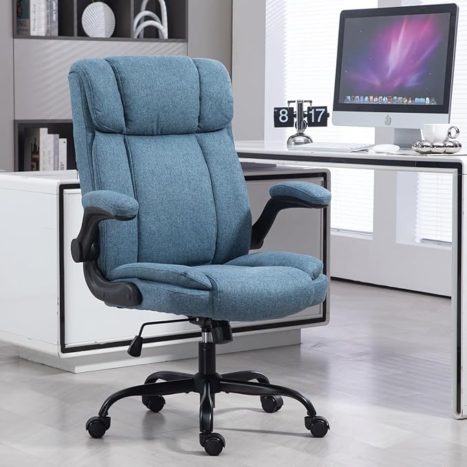 Office Chair High Back Ergonomic Executive Computer Desk Chair Comfortable Fabric Padded Home Office Desk Chairs with Flip-up Arm Rest Adjustable Height Swivel Wheels (Blue)