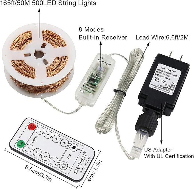 ER CHEN Copper Wire Led String Lights, Plug in 165ft 50M 500 Led Fairy Lights with RF Remote 8 Modes Timer Dimmable for Indoor Outdoor Christmas Bedroom Wedding (Warm White)