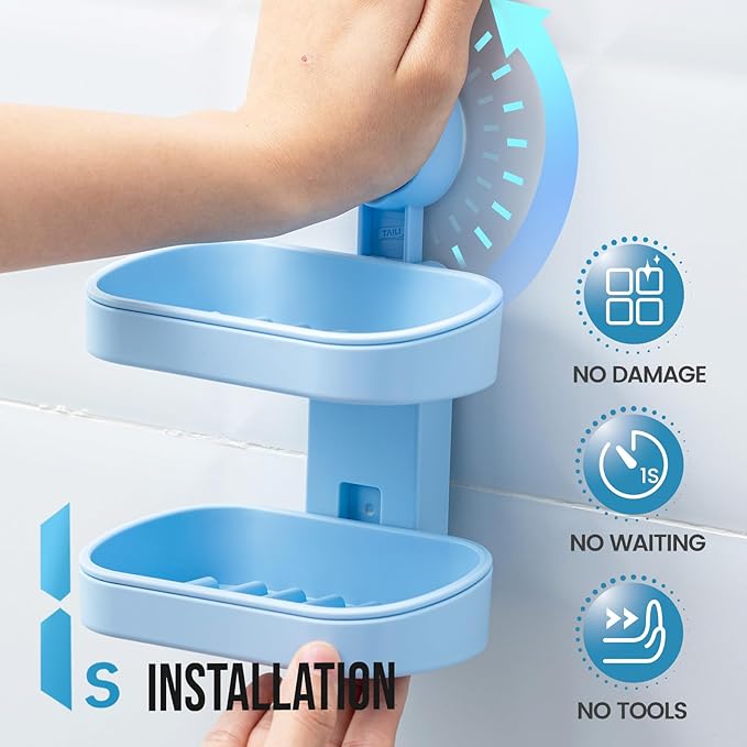 TAILI Double Layer Soap Dish Holder Suction Cup, Strong Sponge Holder for Shower, No Tools Soap Saver for Bathroom, Tub and Kitchen Sink, Shower Accessories, Drill-Free, Removable, Blue