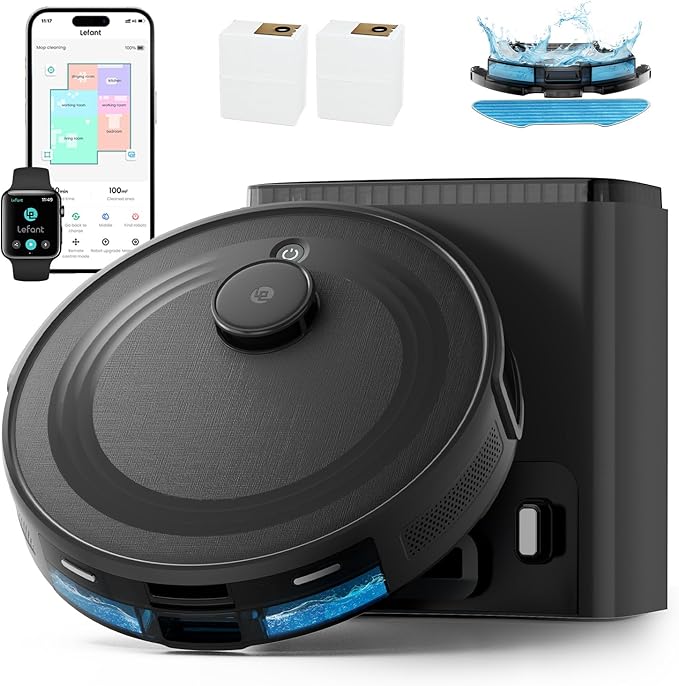 Lefant LiDAR Robot Vacuum and Mop Combo,75-Days Self-Emptying,6000Pa Powerful Scution,Multi-Floor Mapping, No-Go Zones,140 Min Runtime,2.4G/5G WiFi/Alexa/APP/iWatch,M2 Plus Black