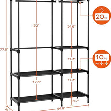 Clothes Rack, Portable Closet, 44.9 Inch Large Capacity Wardrobe Closet, Clothes Storage Organizer with Shelves and 2 Hanging Rods, Easy to Assembly, Black PCT021B01