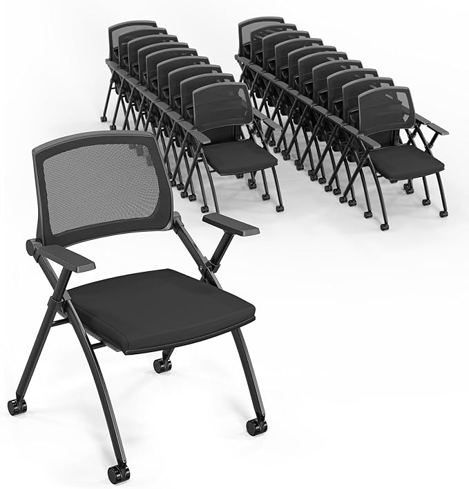 VINGLI 20 Pack Stackable Conference Room Chairs with Wheels, Folding Office Chair with Rebound Back, Padded Seat for Training Room, Guest, Reception, Event, Capacity 350lbs, Black