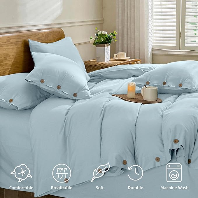 JELLYMONI Cotton Duvet Cover Full Size - Light Blue Comforter Cover with Button 100% Washed Cotton 3PCS Breathable Soft Solid Bedding Set Duvet Cover 80×90in & 2 Pillowcases (NO Comforter)