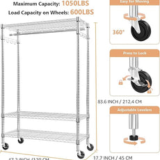 Heavy Duty Rolling Garment Rack 3 Tiers Adjustable Wire Shelving Clothes Rack with Rods and Side Hooks,Storage Closet Clothing Rack with Wheels Chrome 17.7