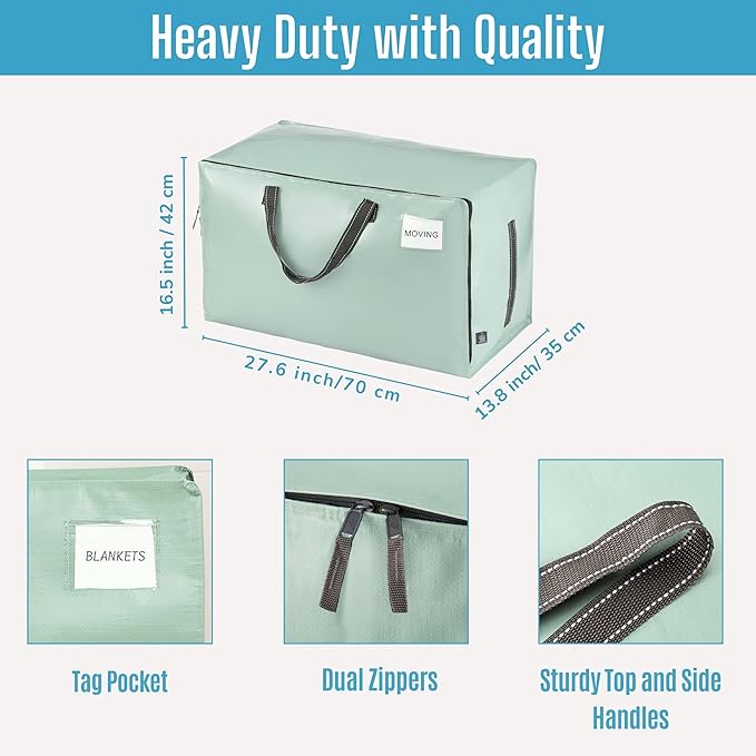 VENO 8 Pack Moving Bags and Large Christmas Decoration Storage Bins with lids. Alternative to Moving Boxes, Packing Supplies for College. Heavy Duty Totes (Shiny Light Green, 8 Pack)