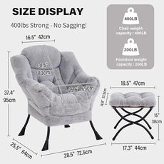 Tiita Lazy Chair with Ottoman, Modern Large Accent Lounge Armchair, Comfy Leisure Sofa Reading Chair with Footrest for Bedroom, Living Room, Dorm Rooms, Garden and Courtyard, Plush Light Grey