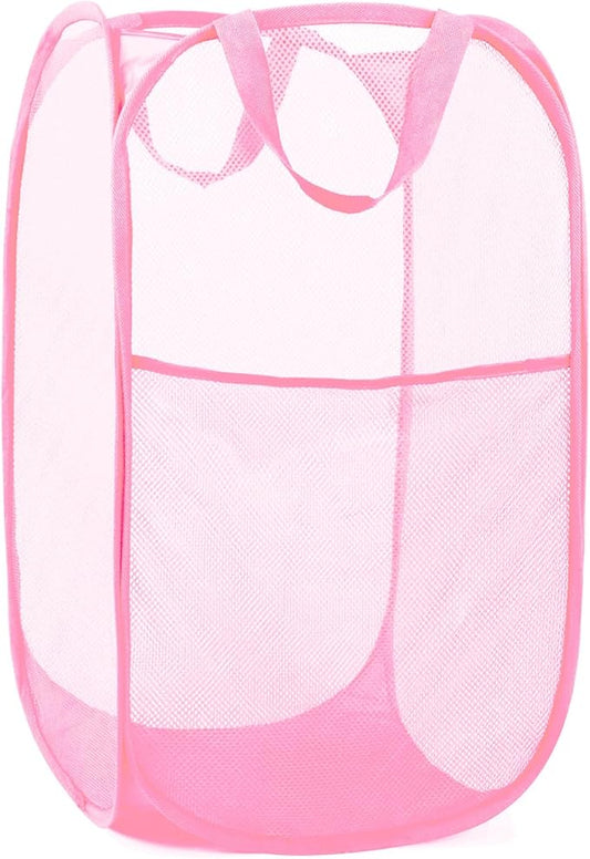 Durable Collapsible Laundry Baskets - Reinforced Mesh Pop Up Laundry Hamper with Side Pocket, Foldable Clothes Storage Hamper with Carry Handles for Laundry, Bathroom, Kids Room, Dorm or Travel Pink