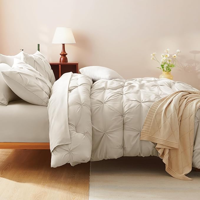 CozyLux California King Comforter Set Beige - 7 Pieces Cal King Bed in A Bag Gift for Family, Pinch Pleat Bedding Sets with All Season Comforter, Sheets, Pillowcases & Shams