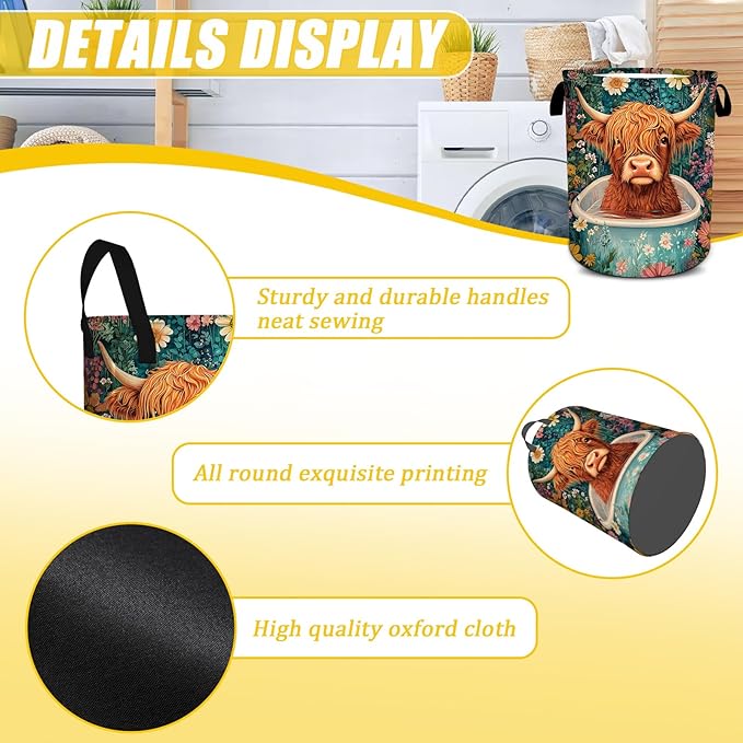 Highland Cow Laundry Basket,Foldable Oxford Cloth Funny Tote Bag Laundry Hamper Clothes Storage Bucket Toy Organizer For Bathroom Laundry Storage Bedroom 18.9x16.5