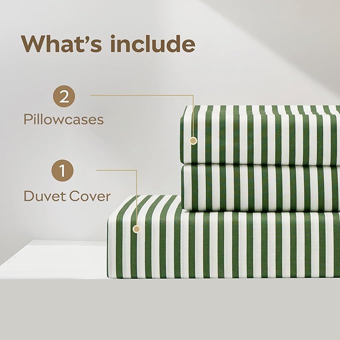 JELLYMONI 100% Natural Cotton 3pcs Striped Duvet Cover Sets,White with Green Stripes Pattern Printed Comforter Cover,with Zipper Closure & Corner Ties(Queen Size)