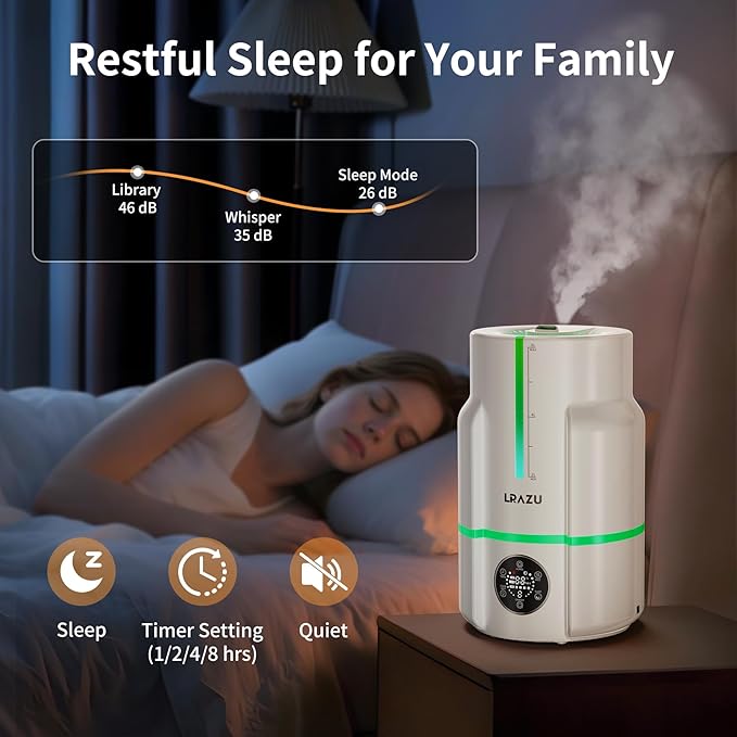 6L/1.6Gal Humidifiers for Bedroom, 60H Runtime 26 dB Quiet Supersized Cool Mist Air Humidifiers for Large Room, Baby Nursery, Plant, Indoor, Night Light, Easy to Clean, Precise Humidity Control