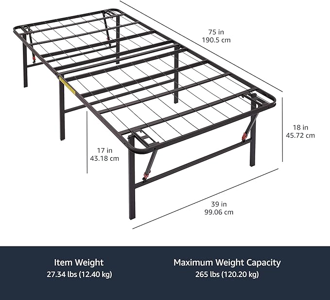 Amazon Basics Foldable Metal Platform Bed Frame with Tool Free Setup, 18 Inches High, Sturdy Steel Frame, No Box Spring Needed, Twin, Black