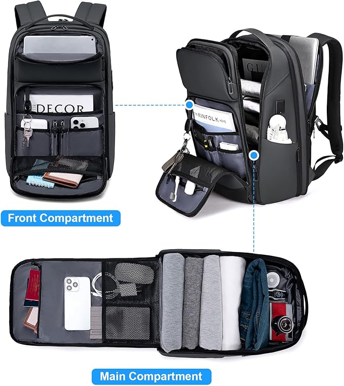 FENRUIEN 17 Inch Travel Backpack Gray, Expandable Water Resistant Computer Backpack with USB Port, Laptop Bag for Business/College/Work