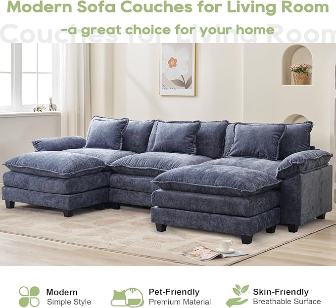 120" Modular Sectional Sofa, Comfy Cloud Couch Sectional Sofa with Ottoman, Chenille Sofa Sleeper Deep Seat Sofa with Throw Pillows for Living Room (Blue, 120"- U Shape)