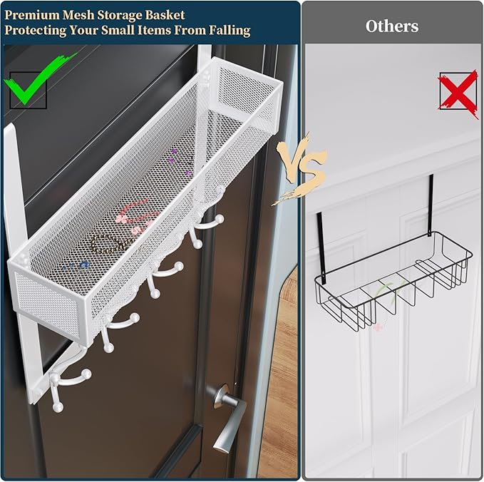 Consumest Over The Door Hooks Organizer - Door Hanger with Mesh Basket & 16 Coat Rack Hooks, Back Storage Organizer for Bedroom, Bathroom, Kitchen, Office, White