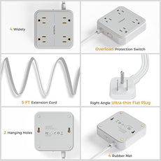 Surge Protector Power Strip, TESSAN 5 ft Extension Cord Flat Plug with 4 Widely Outlets, Indoor Desk Charging Station with Surge Protection for Home, Office Supplies, Dorm Room Essentials