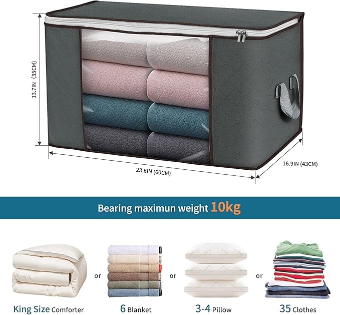Large Storage Bags, 8 Pack Clothes Storage Bins Foldable Closet Organizers Storage Containers with Durable Handles Thick Fabric for Blanket Comforter Clothing Bedding 90 L (Gray)