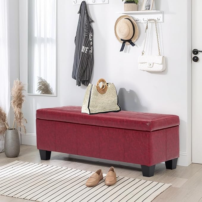 Faux Leather Storage Ottoman Bench with Hinged Lid,42 Inch Large Rectangular Footrest Stool for Bedroom End of Bed, Entryway and Living Room, Padded Seat Shoe Bench, Wine Red