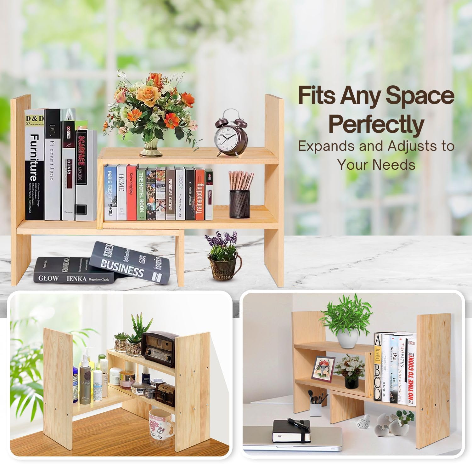 Flexzion Natural Wooden Desktop Shelf Wood Caddy Desk Organizer Set Office Storage Adjustable Expandable Tabletop Accessory Sorter Bookcase Display Stand Rack (Beige)