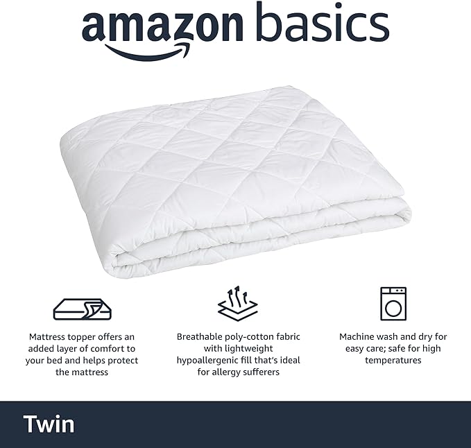 Amazon Basics Hypoallergenic Quilted Mattress Topper Pad, 18 Inches Deep, Twin, White