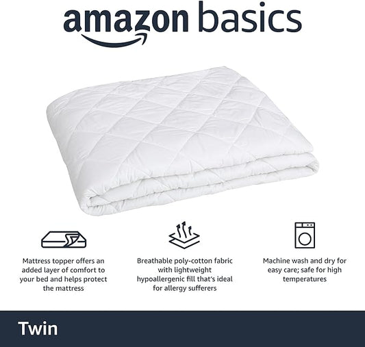 Amazon Basics Hypoallergenic Quilted Mattress Topper Pad, 18 Inches Deep, Twin, White