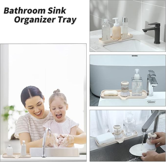 Silicone Bathroom Soap Dishes with Drain Spout-Bathroom and Kitchen Sink Organizer,Sponge Holder,Dish Soap Tray,Perfect for Dispenser,Scrubber,Bottle,Cup on Sink or Counter-Tapioca 12"×4"