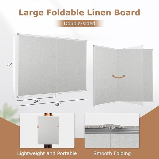 DOLLAR BOSS Foldable Linen Board, 48 x 36 Inch Corkboard, Large Bulletin Board, Portable Double Sided Aluminum Frame Wall Mounted Pin Board for Office School Dorm Supplies with 20 Push Pins, Grey