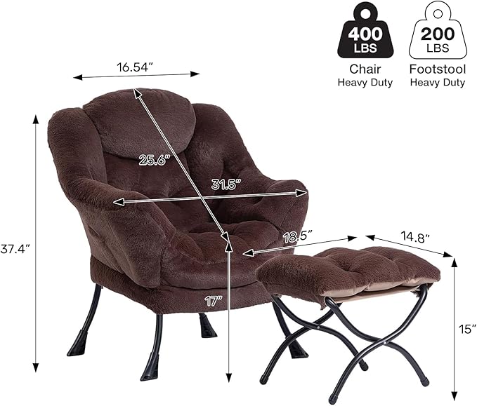 HollyHOME Lazy Chair with Foldable Ottoman, Accent Comfy Lounge Armchair and Folding Footrest Stool, Leisure Sofa Reading Chair and Footstool for Living Room, Bedroom, Dorm,Faux Fur Dark Coffee