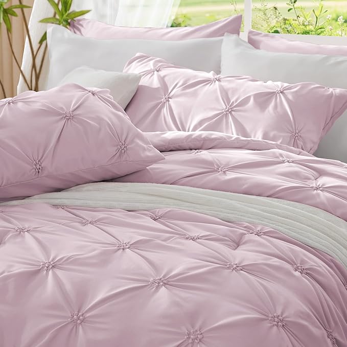BEDELITE Light Purple Twin Comforter Set - 2 Peices Boho Pintuck Bedding Comforter Sets, Lightweight Soft & Warm Twin Bedding Sets with 1 Pillowcase for All Season