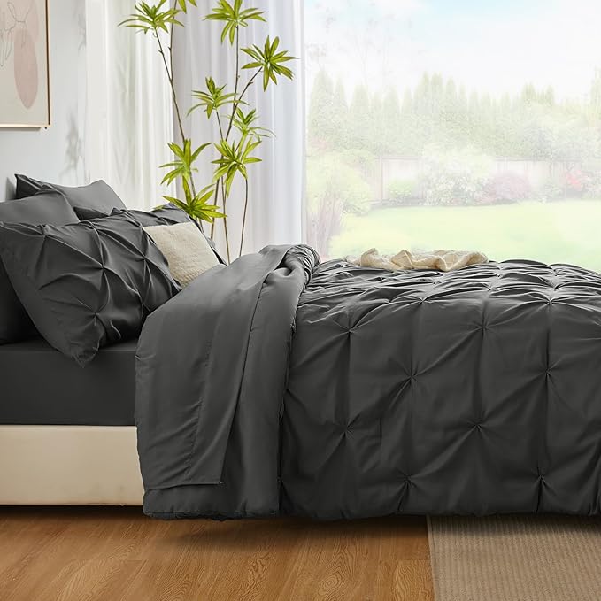 CozyLux Queen Comforter Set Dark Grey, 7 Pieces Pintuck Bed in A Bag, Premium Dark Gray Comforter Queen Size, Pinch Pleat Bedding Sets with Comforter, Sheets, Pillowcases & Shams