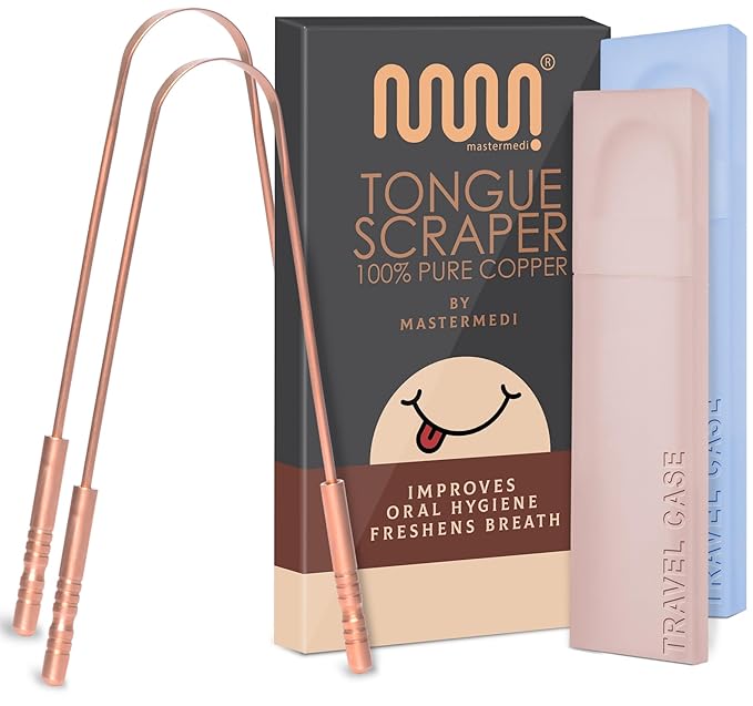 MasterMedi Tongue Scraper with Case Easy to Use Tongue Scraper for Adults, Tongue Cleaner for Oral Care & Hygiene Copper Set of 2 (with Travel Case)