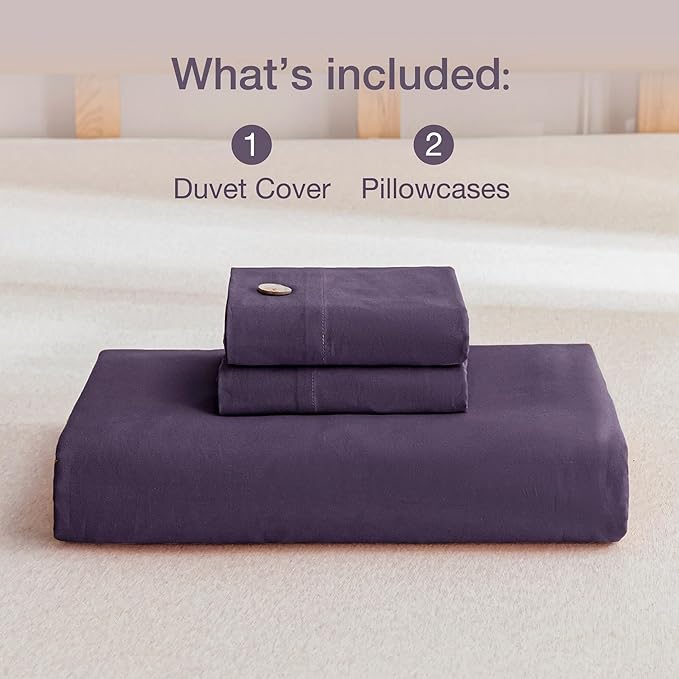 JELLYMONI Cotton Duvet Cover Full Size - Purple Comforter Cover with Button 100% Washed Cotton 3PCS Breathable Soft Solid Bedding Set Duvet Cover 80×90in & 2 Pillowcases (NO Comforter)