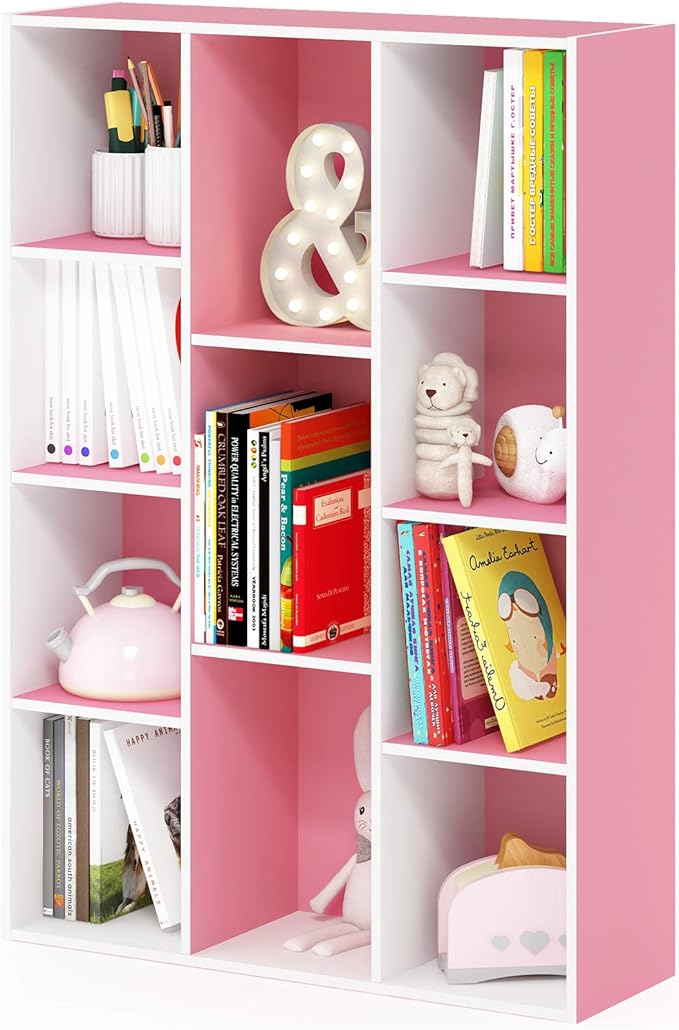 Furinno LUDER Book Shelf, 11-Cube Bookshelf, Reversible Bookcase, 9.4 x 29.1 x 41.7, for Living Room, Bedroom, Home Office, White/Pink