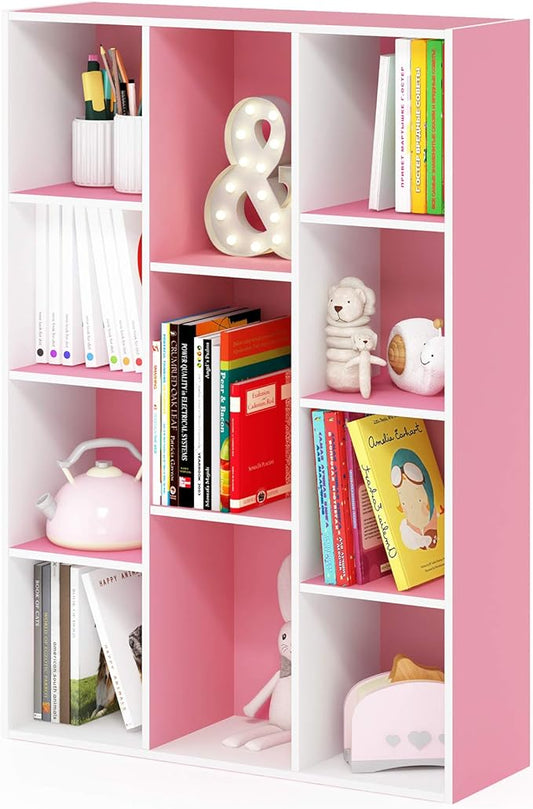 Furinno LUDER Book Shelf, 11-Cube Bookshelf, Reversible Bookcase, 9.4 x 29.1 x 41.7, for Living Room, Bedroom, Home Office, White/Pink