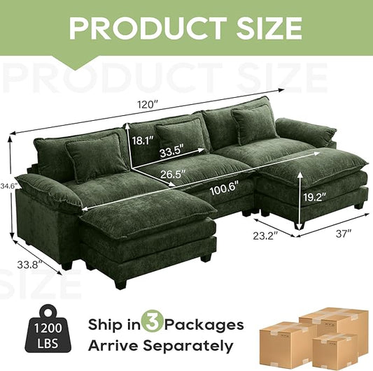 120" Modular Sectional Sofa, Comfy Cloud Couch Sectional Sofa with Ottoman, Chenille Sofa Sleeper Deep Seat Sofa with Throw Pillows for Living Room (Green, 120"- U Shape)