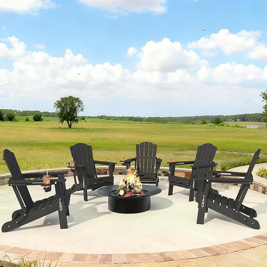 Adirondack Chair, Folding All-Weather Outdoor HDPE Patio Chair with Cup Holder, Grey