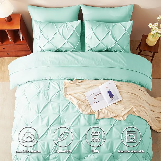 CozyLux Full Size Comforter Sets Mint Green, 7 Pieces Pintuck Bed in A Bag Green Comforter Full Size, Pinch Pleat Bedding Sets with All Season Comforter, Flat Sheet, Fitted Sheet, Pillowcases & Shams