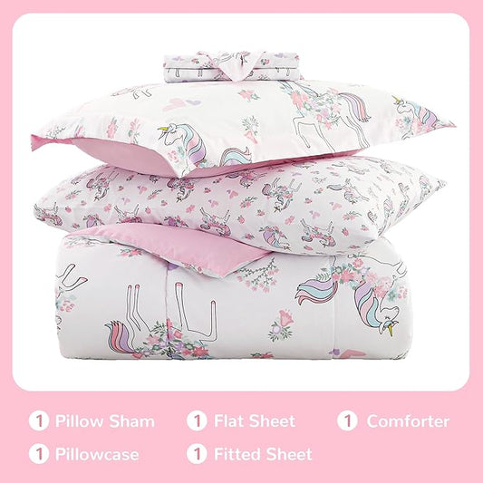 Viviland Kids Twin Bedding Sets for Girls, Soft Twin Comforter Set with Sheets, 5 Pieces Microfiber Bed in a Bag, White Unicorn