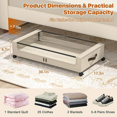 Under Bed Storage with Wheels, 4 Pack Under Bed Storage Containers with Clear Lids, XXL 60L Under-Bed Organizers for Clothes, Shoes – Durable Storage Bins with Smooth Rolling Wheels (White, 4 Pack)